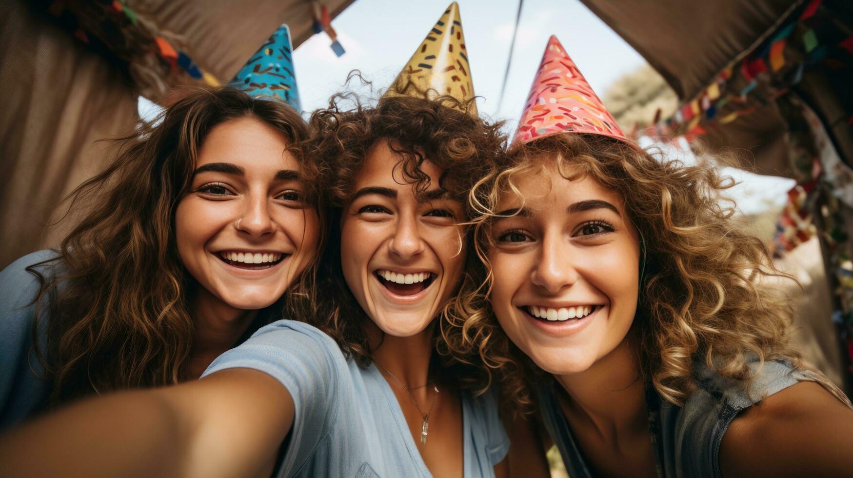 Friends taking a selfie with party hats photo