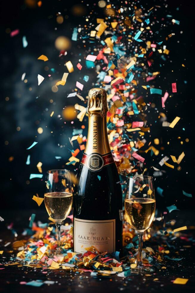 Champagne bottle and confetti poppers photo