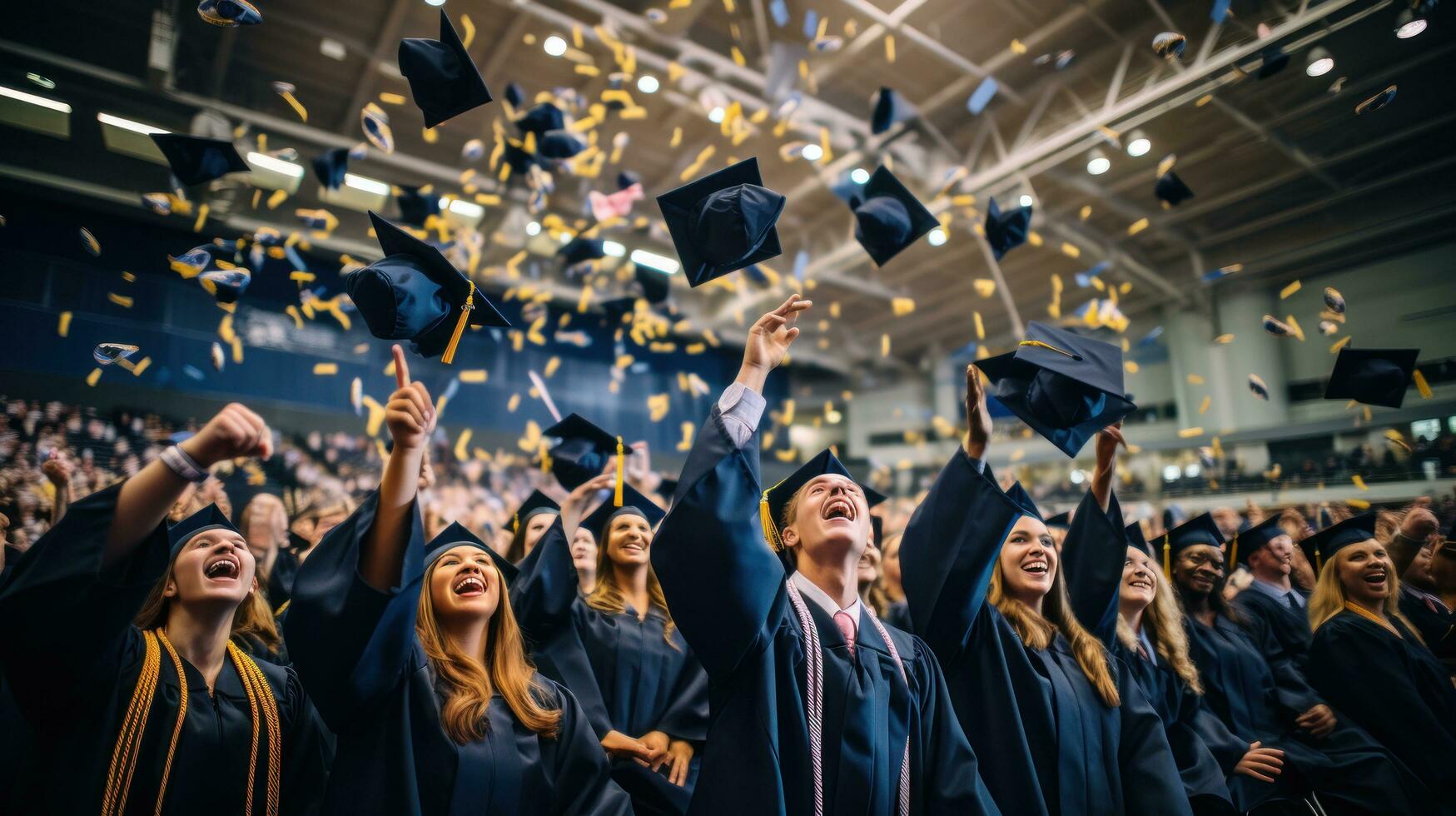 Graduating class throwing their hats in celebration photo