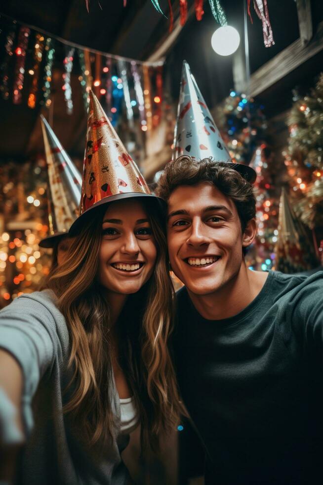 Friends taking a selfie with party hats photo