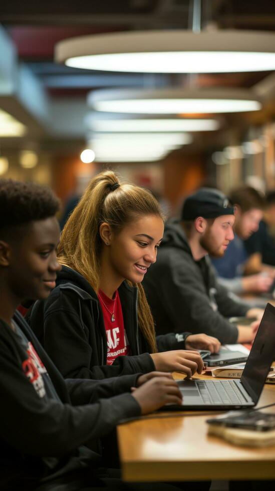 Group of students using laptops in library photo