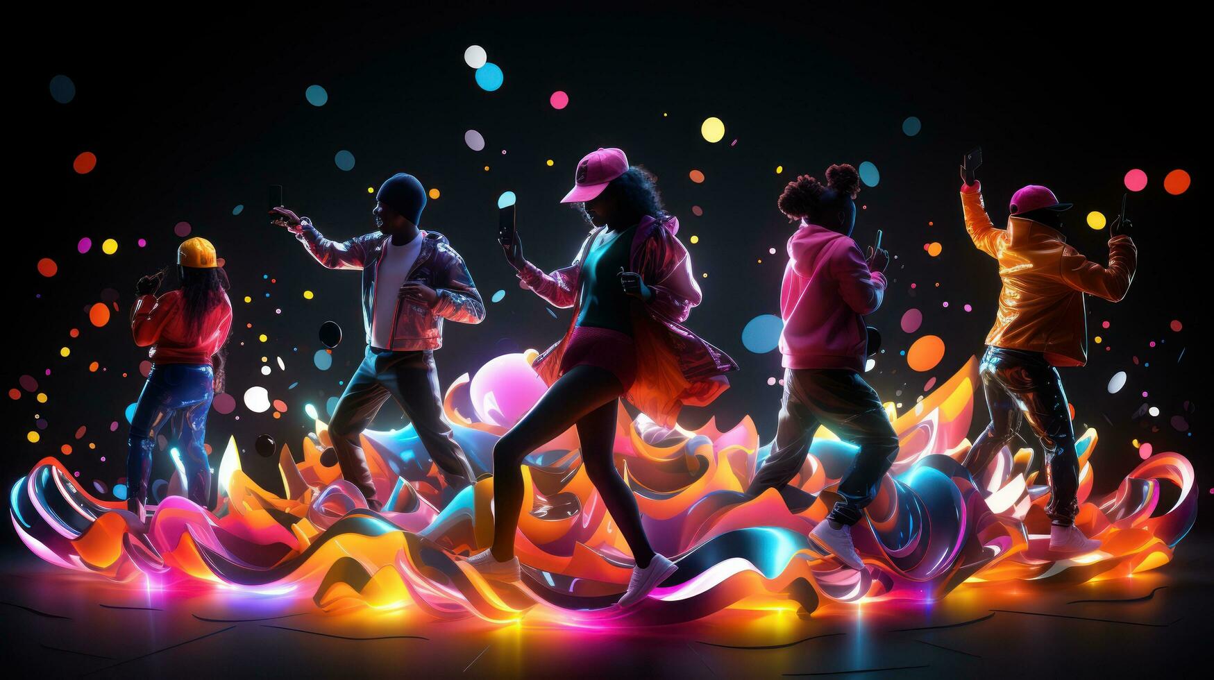 People dancing with glowing neon accessories photo