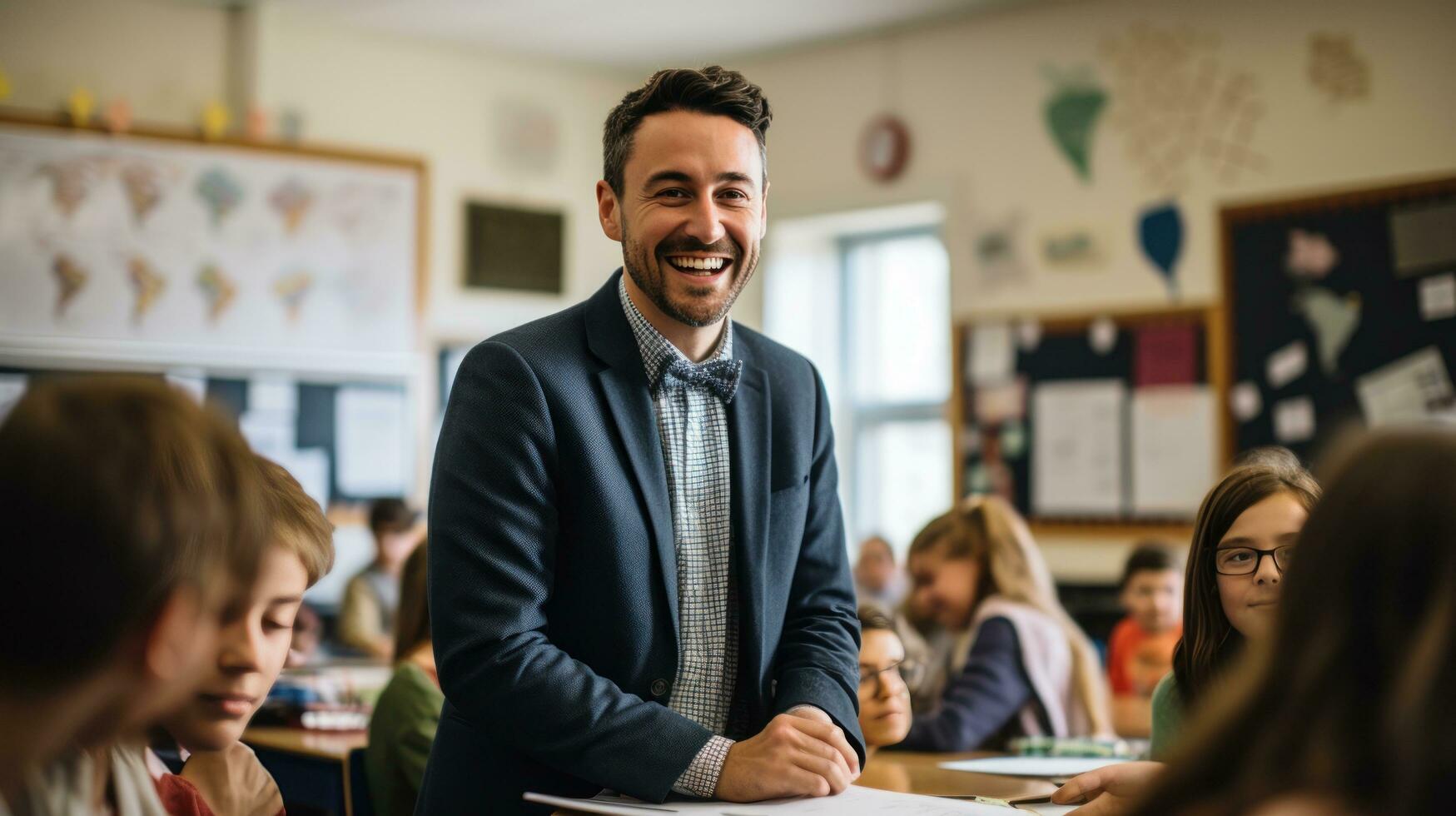 Teacher leading a discussion with engaged students photo