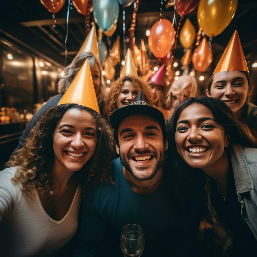 Friends taking a selfie with party hats photo