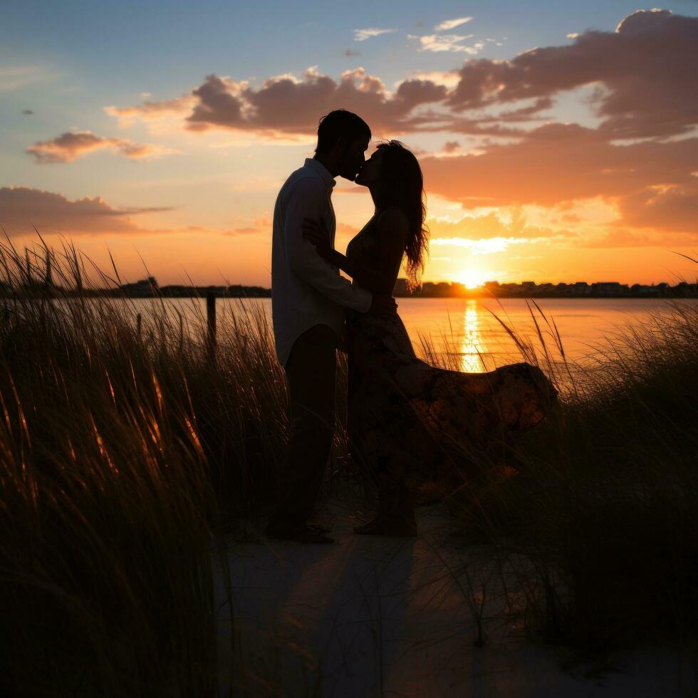 Couple sharing a kiss in front of sunset photo