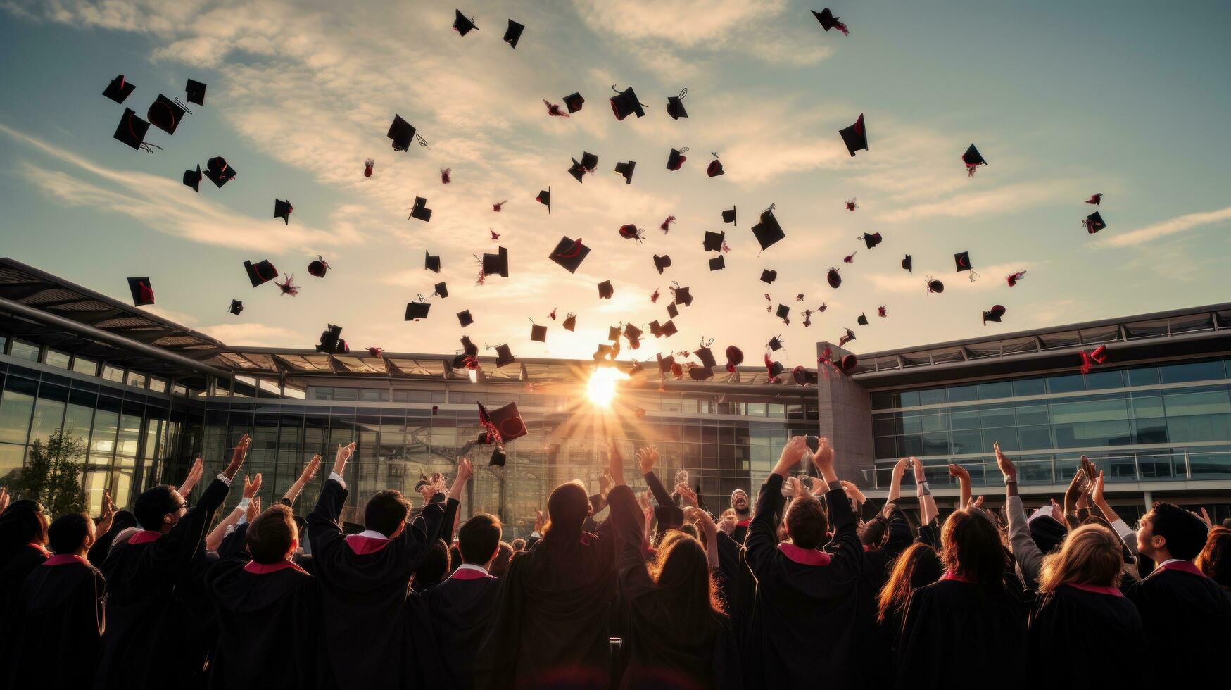 Graduating class throwing their hats in celebration photo