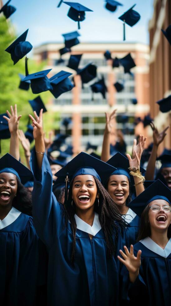 Graduating class throwing their hats in celebration photo
