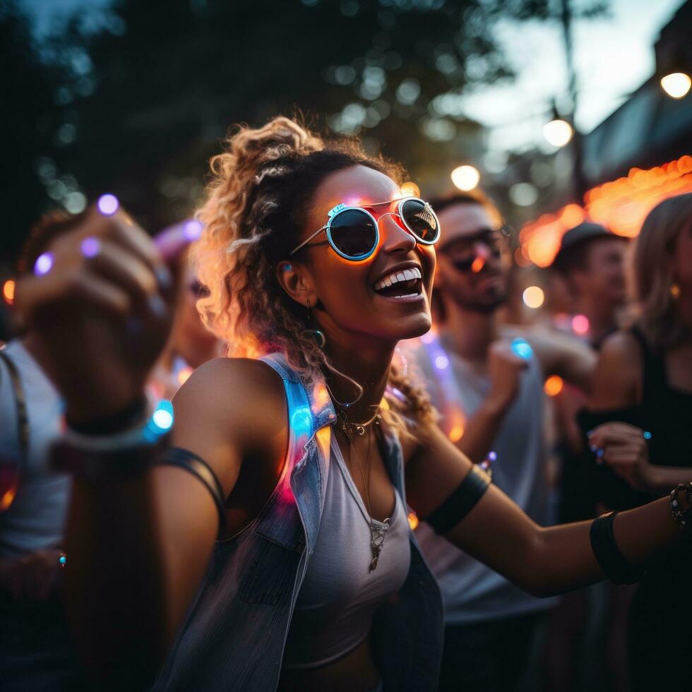 People dancing with glowing neon accessories photo