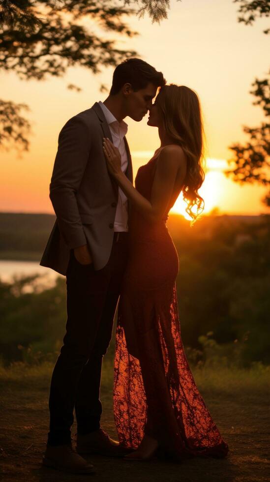 Couple sharing a kiss in front of sunset photo