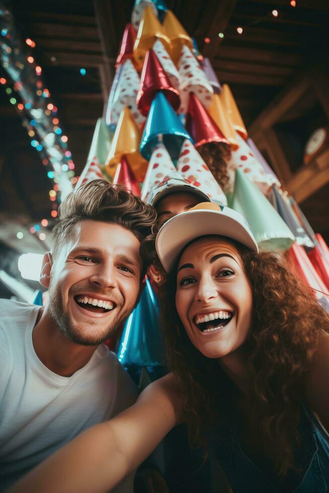 Friends taking a selfie with party hats photo