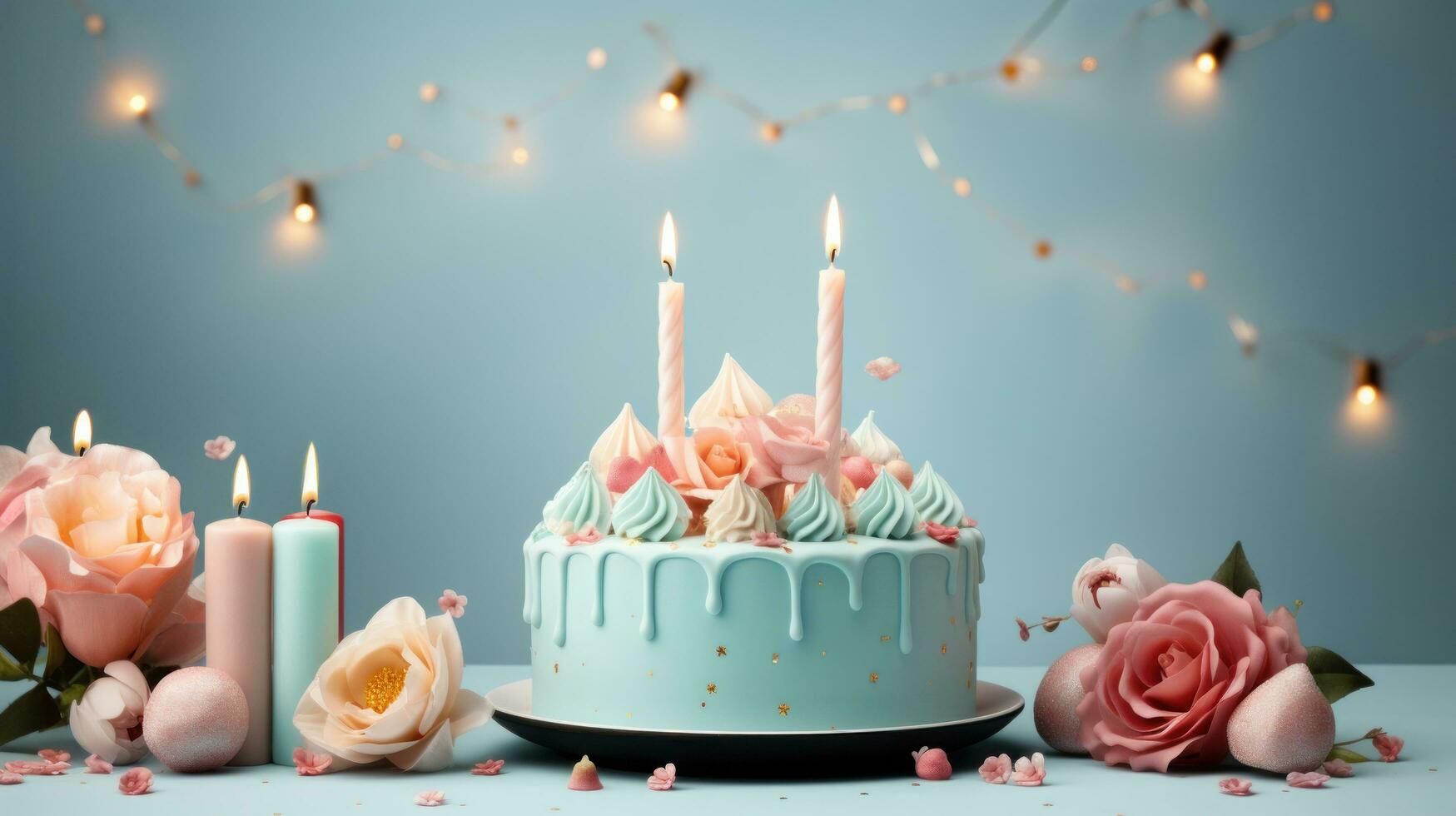 Happy birthday banner with cake and candles photo