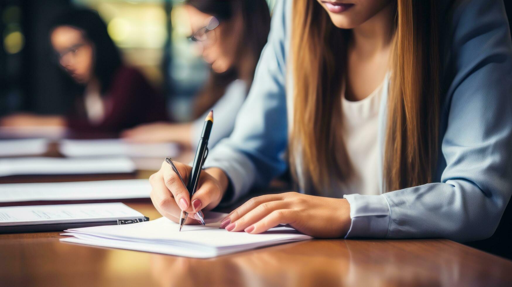 Close-up of student taking handwritten notes photo