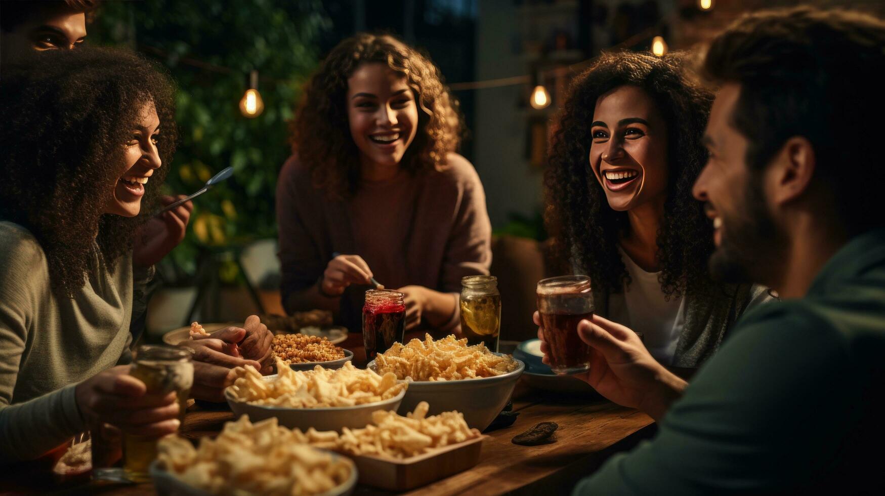 Group of friends enjoying drinks and snacks photo