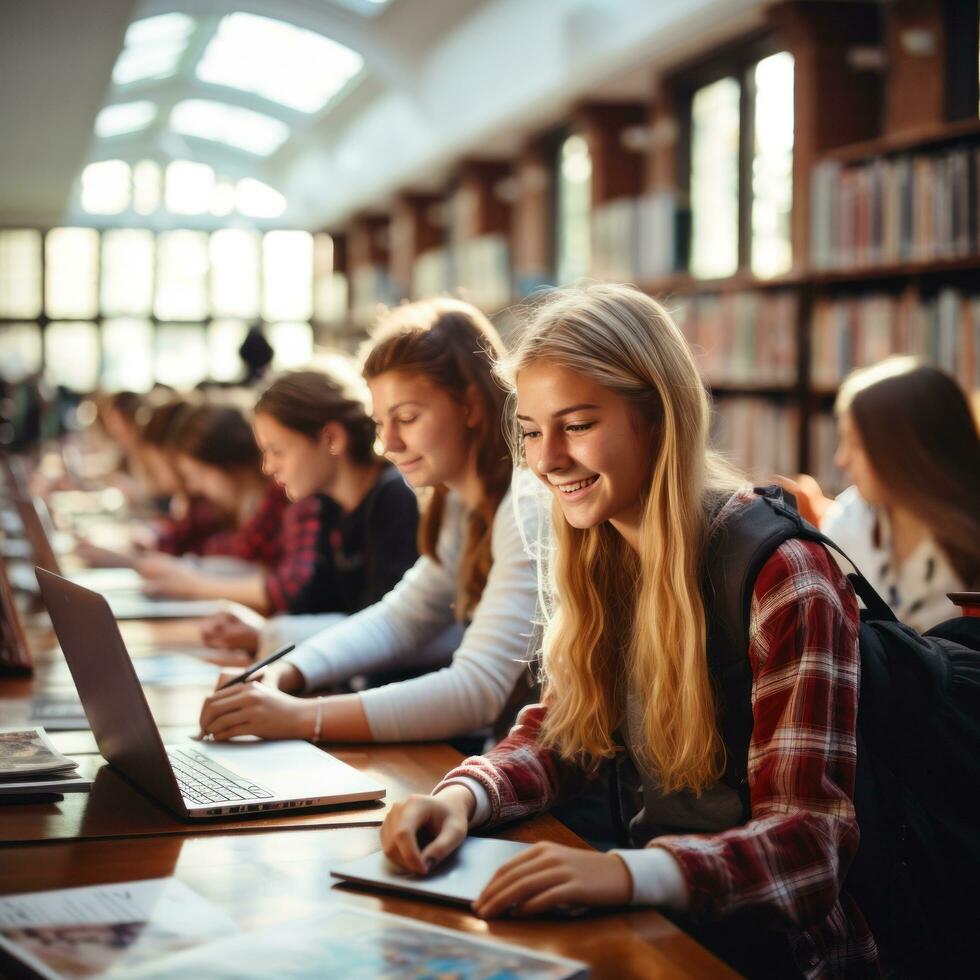Group of students using laptops in library photo