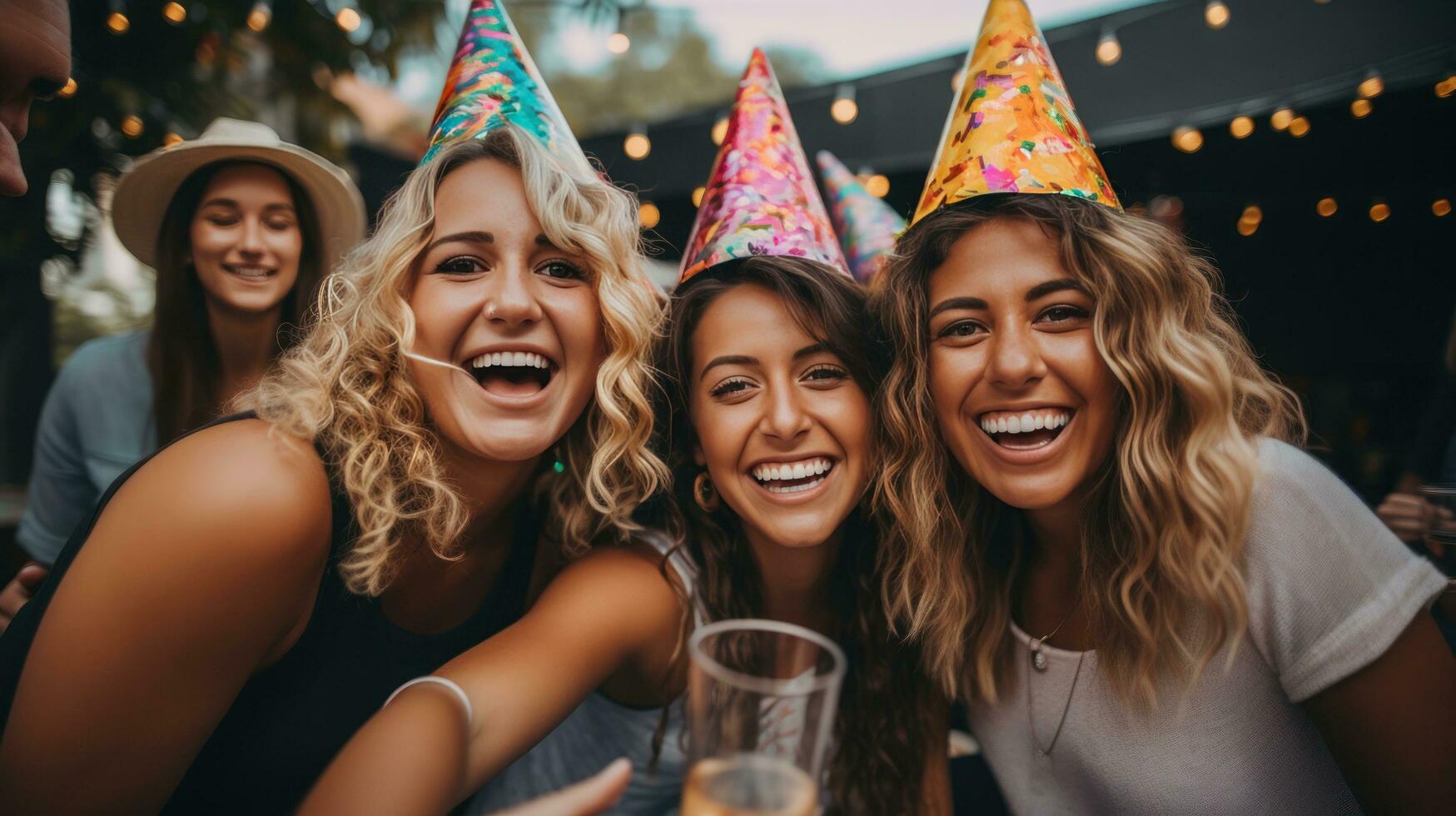 Friends taking a selfie with party hats photo