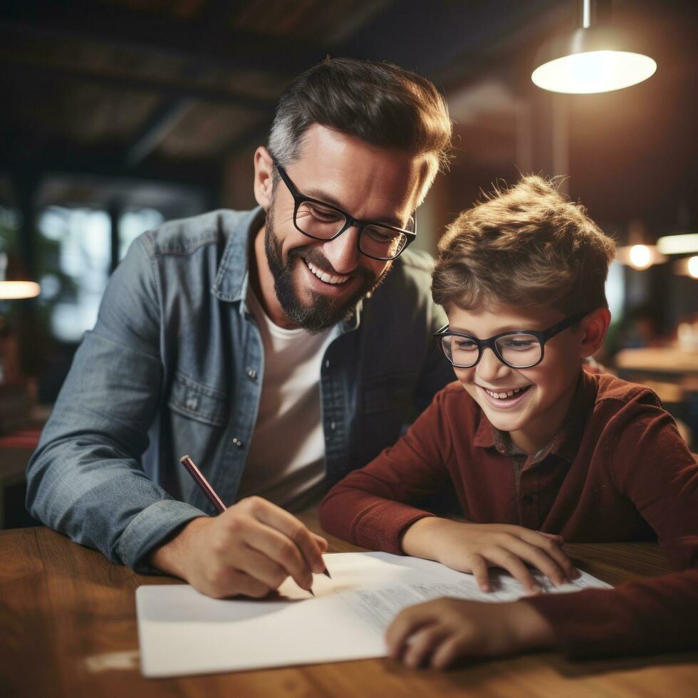 Smiling teacher helping student with homework photo