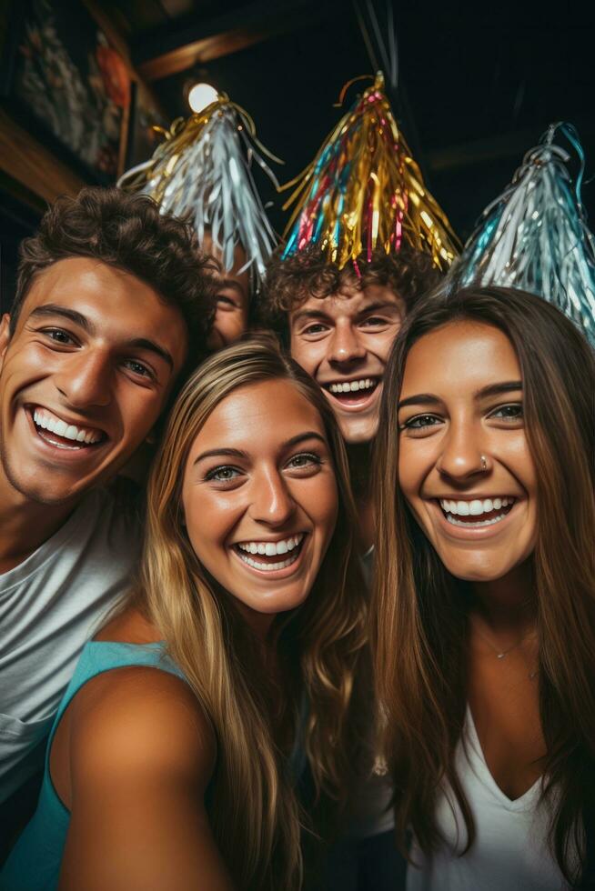 Friends taking a selfie with party hats photo