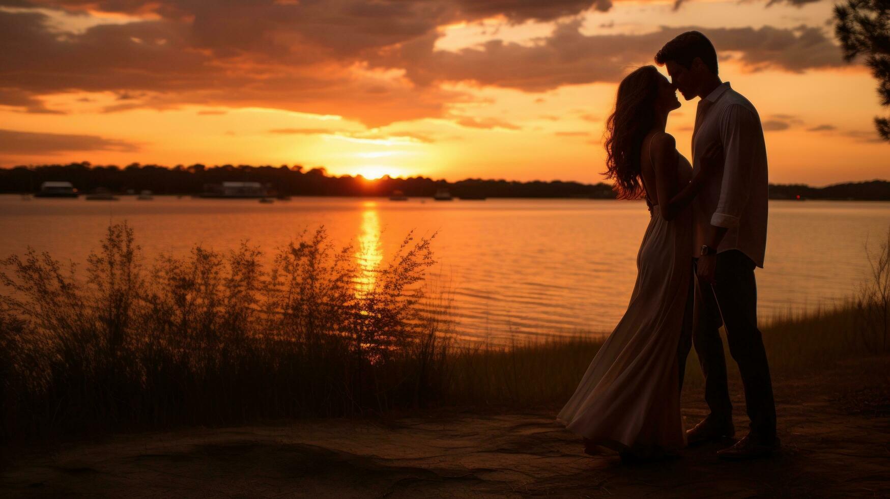 Couple sharing a kiss in front of sunset photo