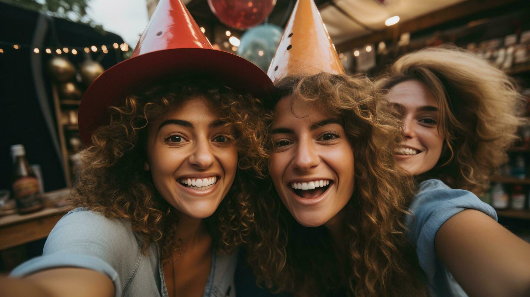 Friends taking a selfie with party hats photo