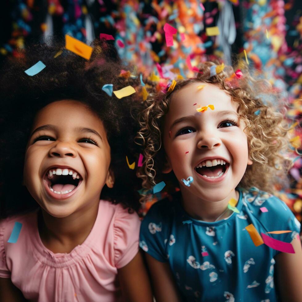 Smiling faces with party poppers and streamers photo