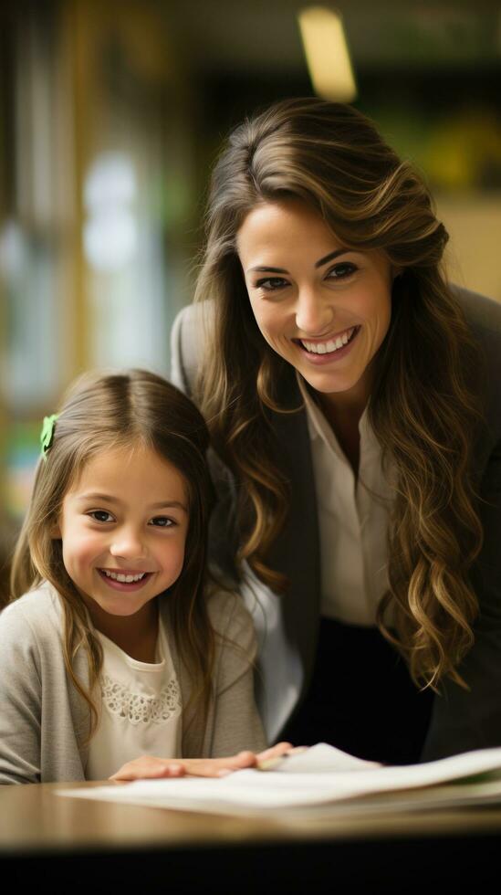 Smiling teacher helping student with homework photo