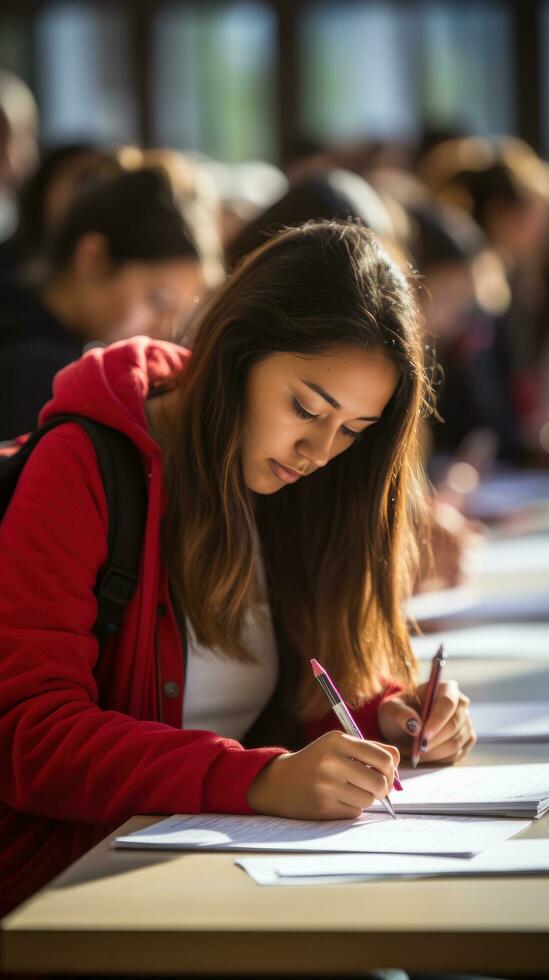 Close-up of student taking handwritten notes photo