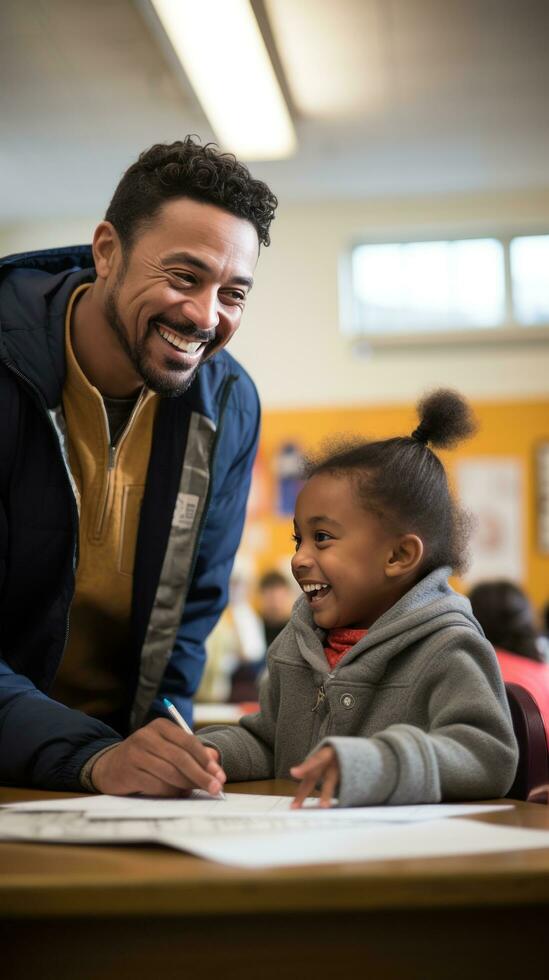 Smiling teacher helping student with homework photo