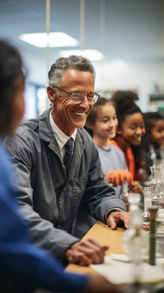 Teacher instructing students in a science lab photo