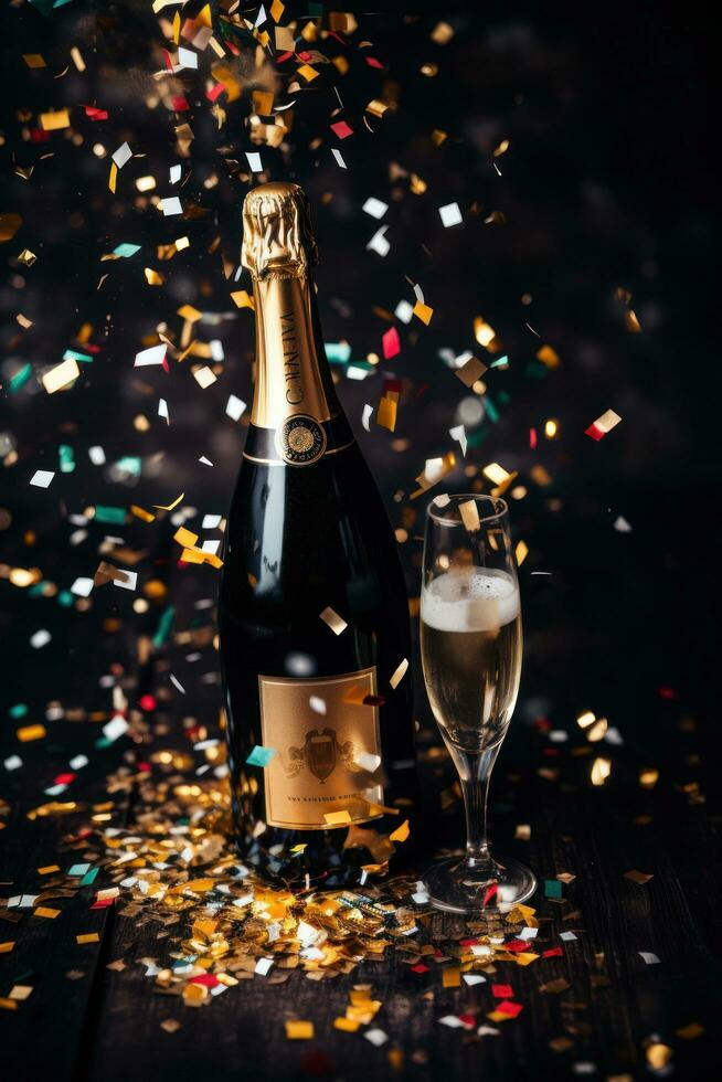 Champagne bottle and confetti poppers photo