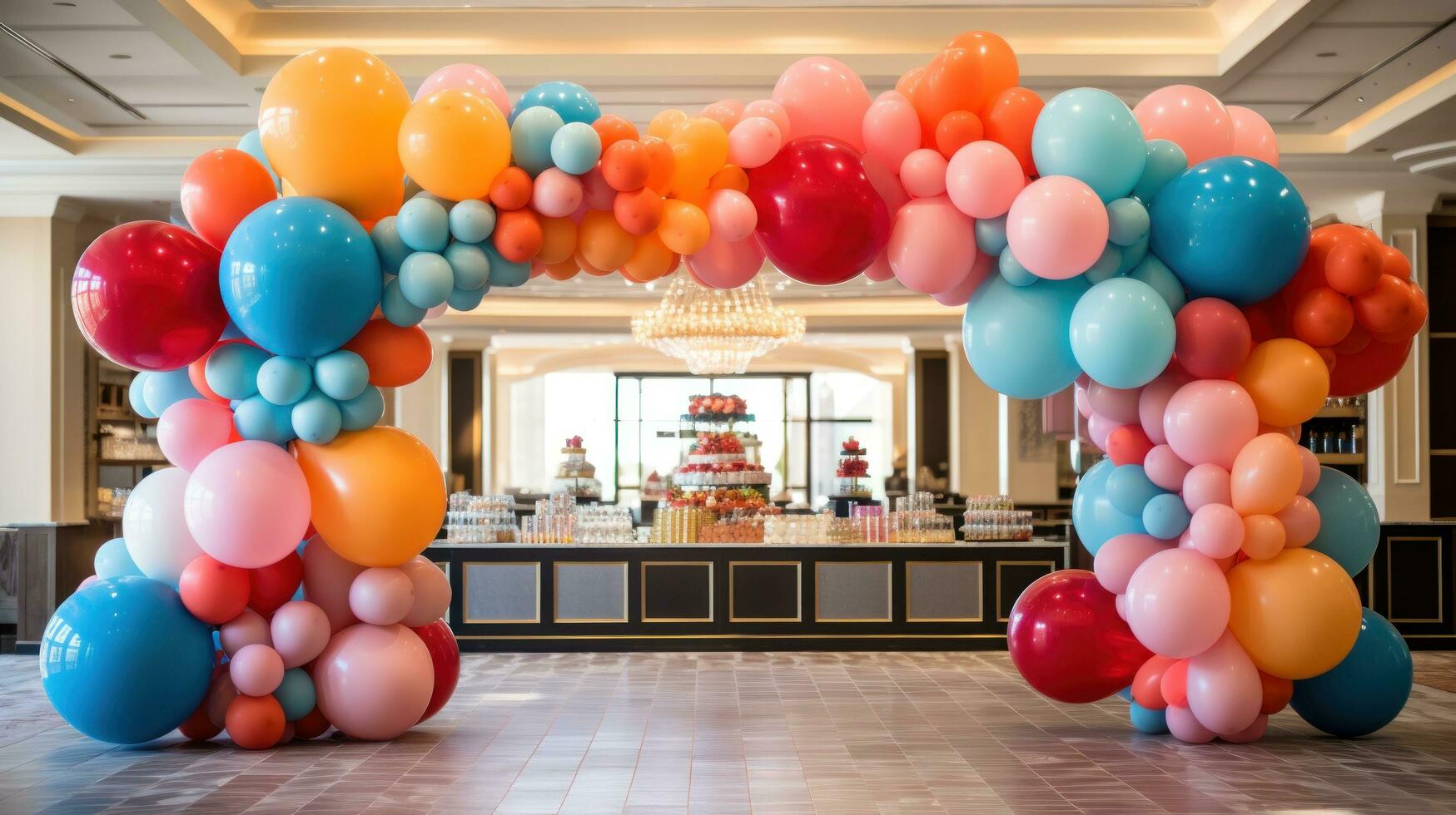 Colorful balloon arches over dessert table photo