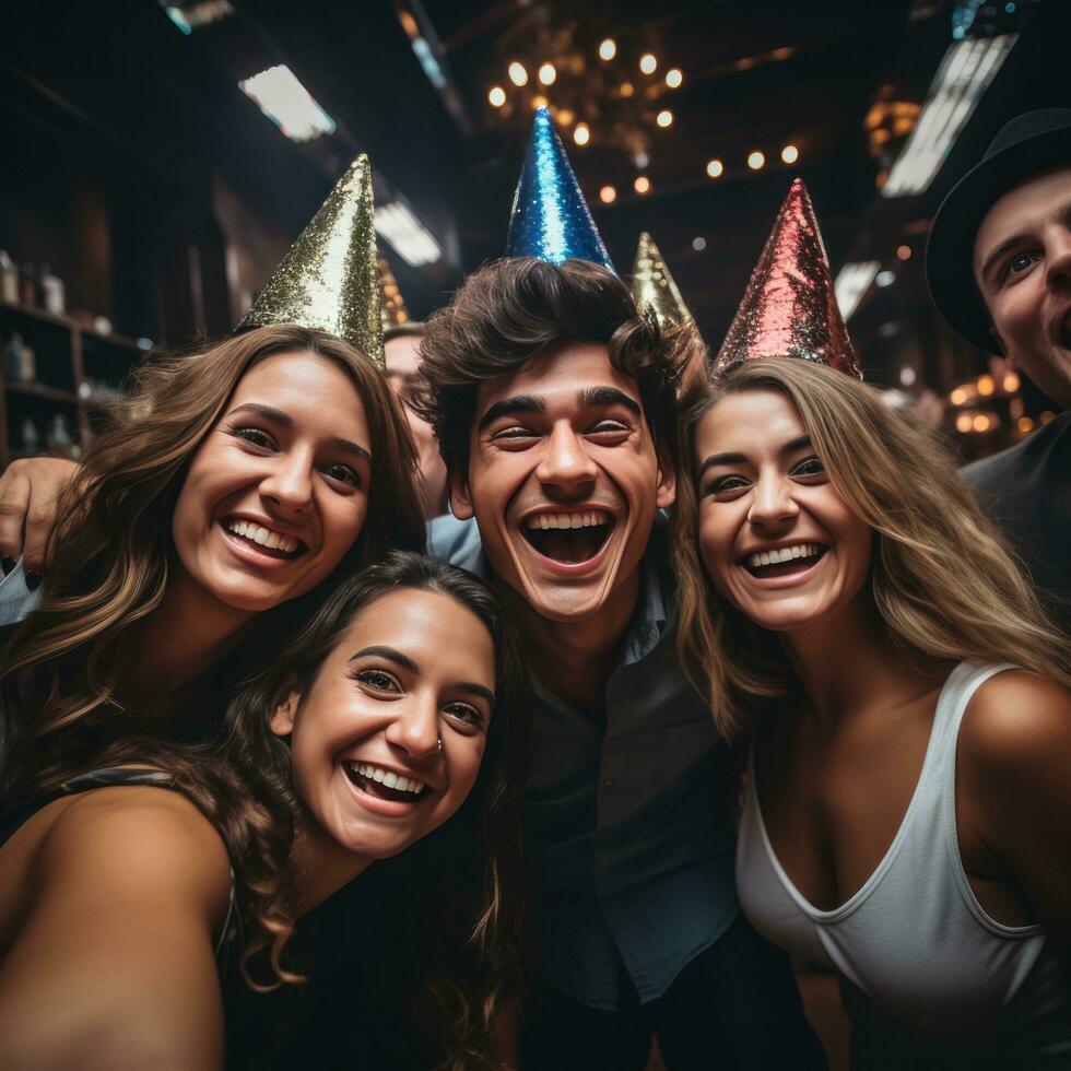 Friends taking a selfie with party hats photo