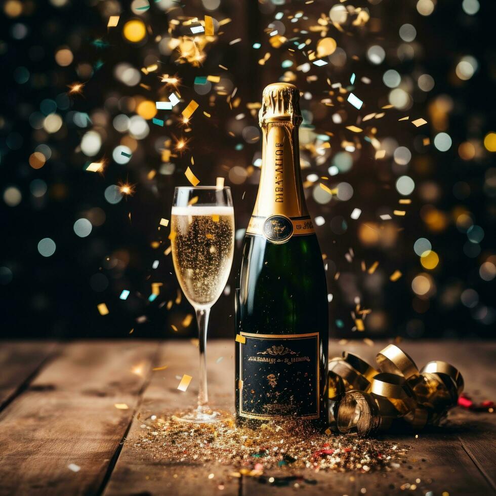 Champagne bottle and confetti poppers photo