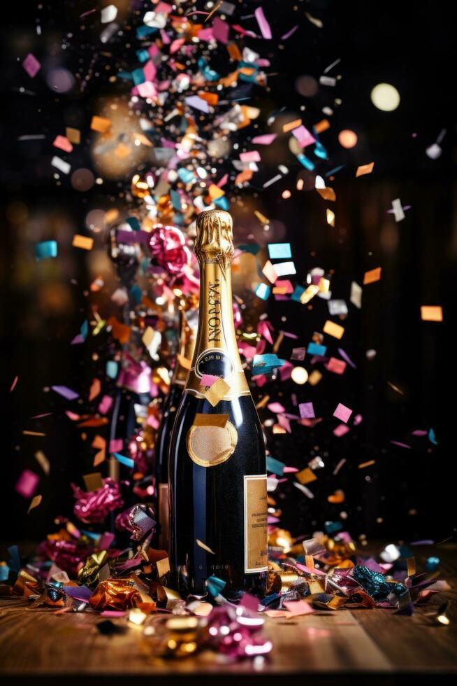 Champagne bottle and confetti poppers photo