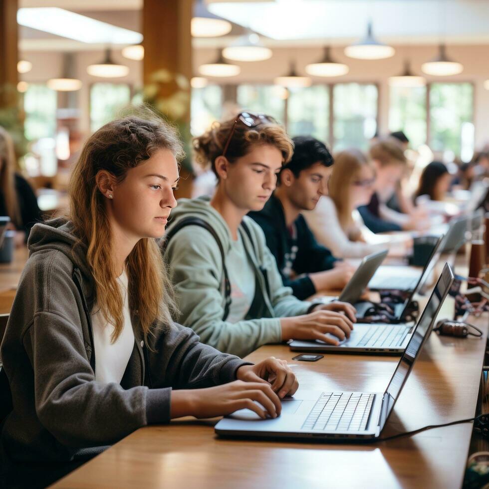 Group of students using laptops in library photo