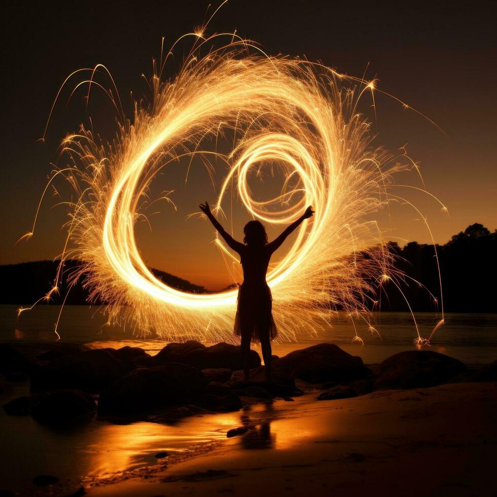 Sparkler light painting cheers in the air. photo