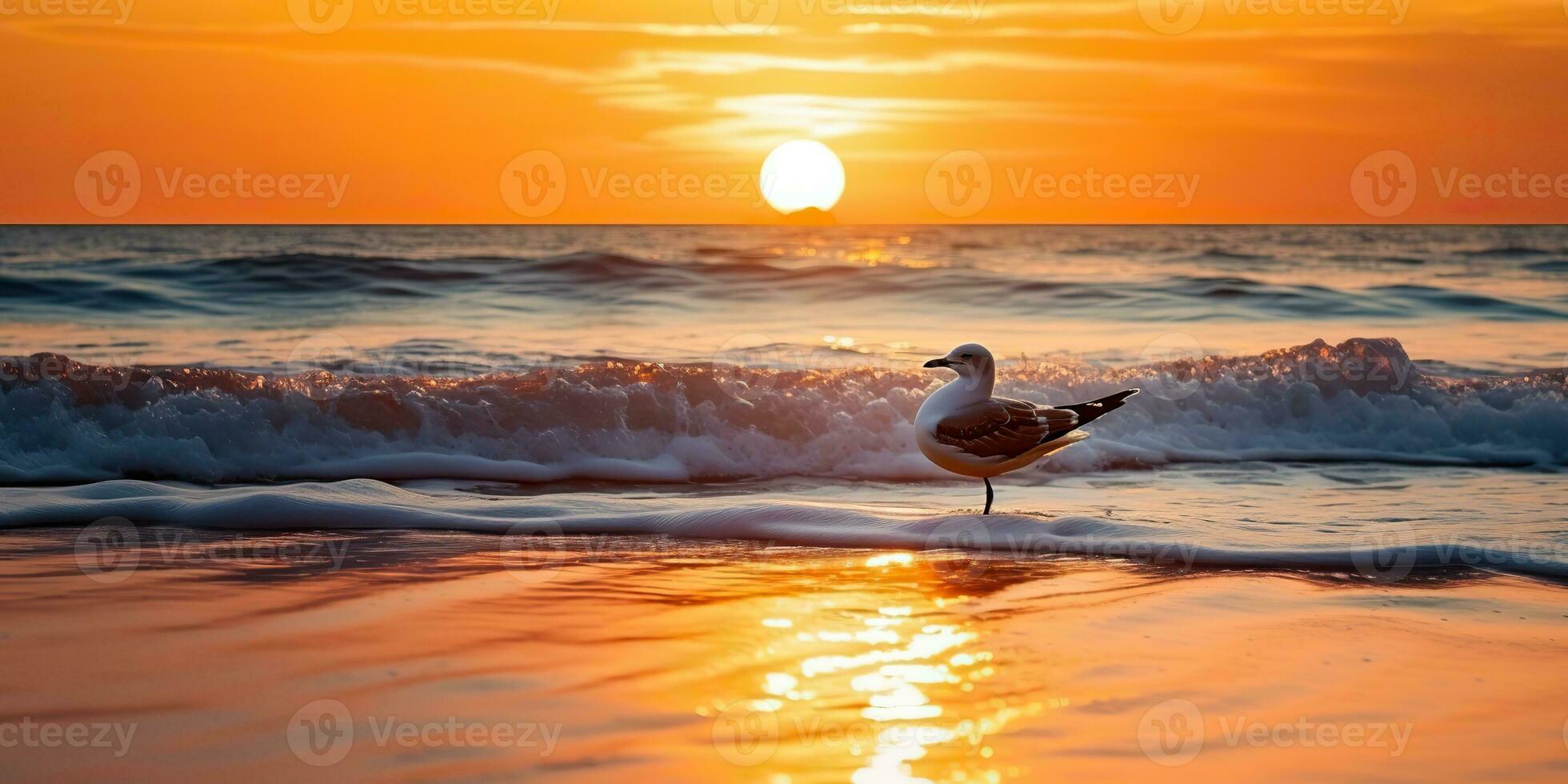 AI Generated. AI Generative. Beautifil sea nautical sunset beach island with seagull bird. Graphic Art photo