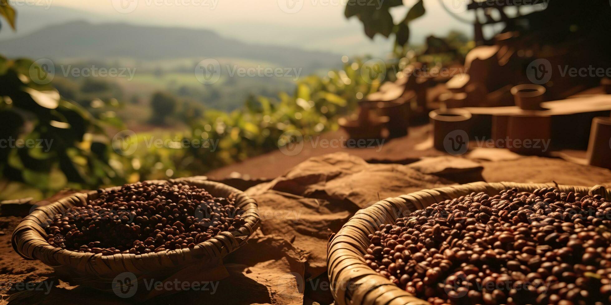 AI Generated. AI Generative. Coffee beans plantation nature outdoor landscape. Graphic Art photo