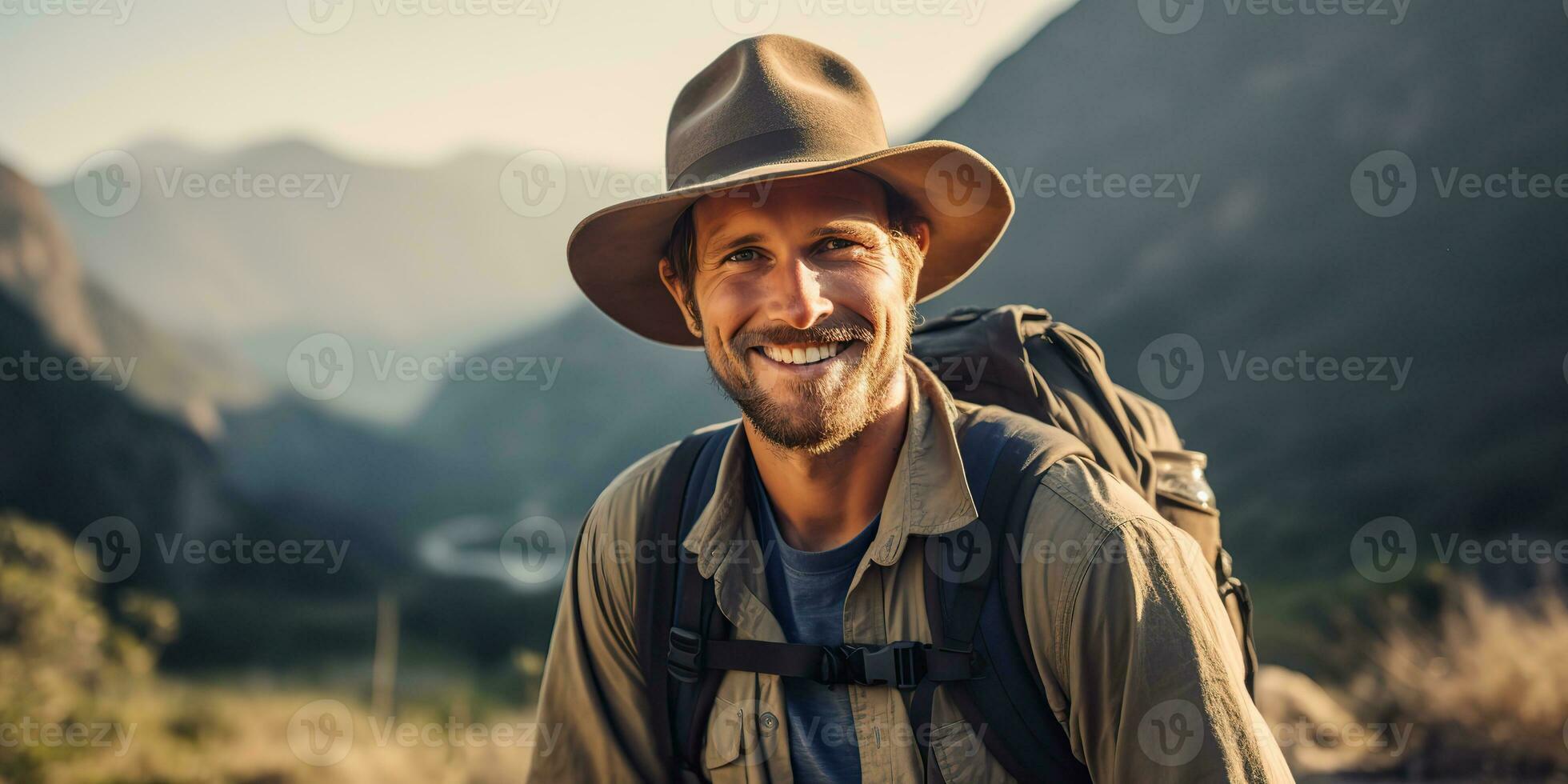 AI Generated. AI Generative. Handsome man in hat backpack trekking hiking portrait landscape adventure outdoor. Graphic Art photo