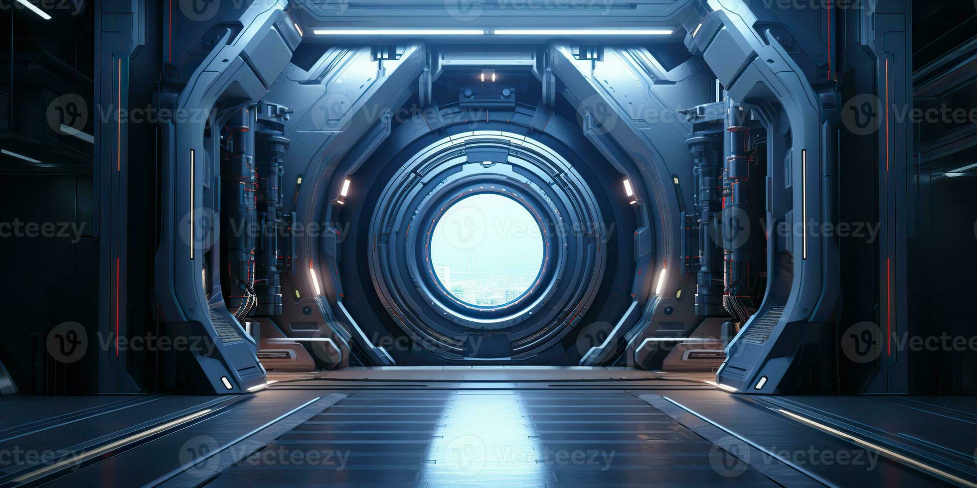 AI Generated. AI Generative. Futuristic space ship galaxy alien door gate entrance sci fi concept neon indoor architecture. Graphic Art photo