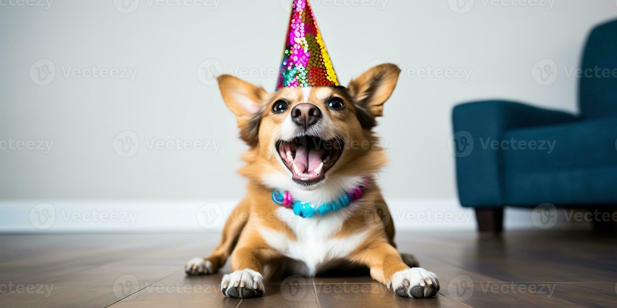 ai generado. ai generativo. linda gracioso perro mascota en cumpleaños fiesta sombrero celebracion. gráfico Arte foto