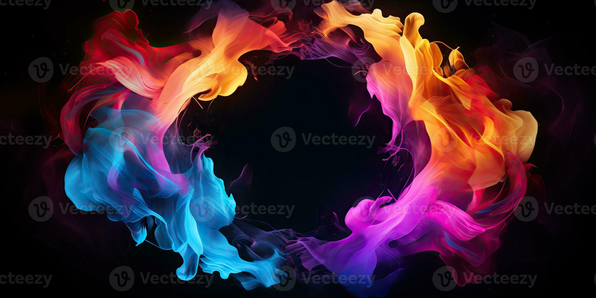 AI Generated. AI Generative. Round circle neon glowing color smoke mystic element. Graphic Art photo