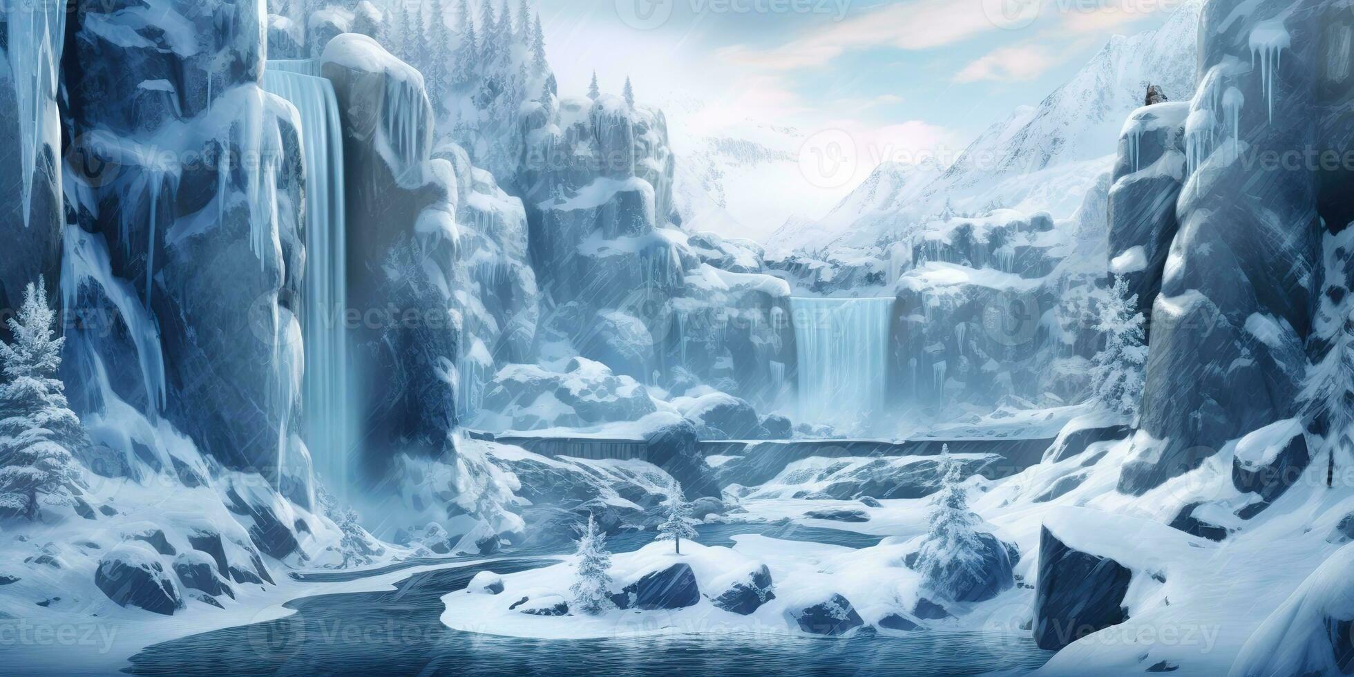 AI Generated. AI Generative. Winter snow ice nature outdoor frozen waterfall landscape background. Graphic Art photo