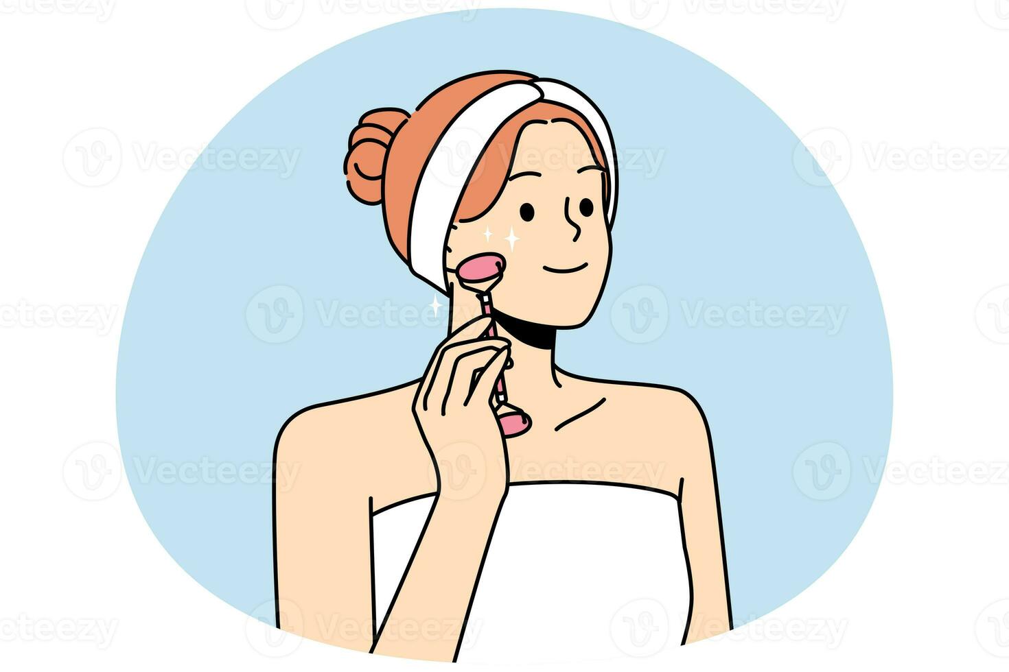 Smiling woman do face roller massage photo