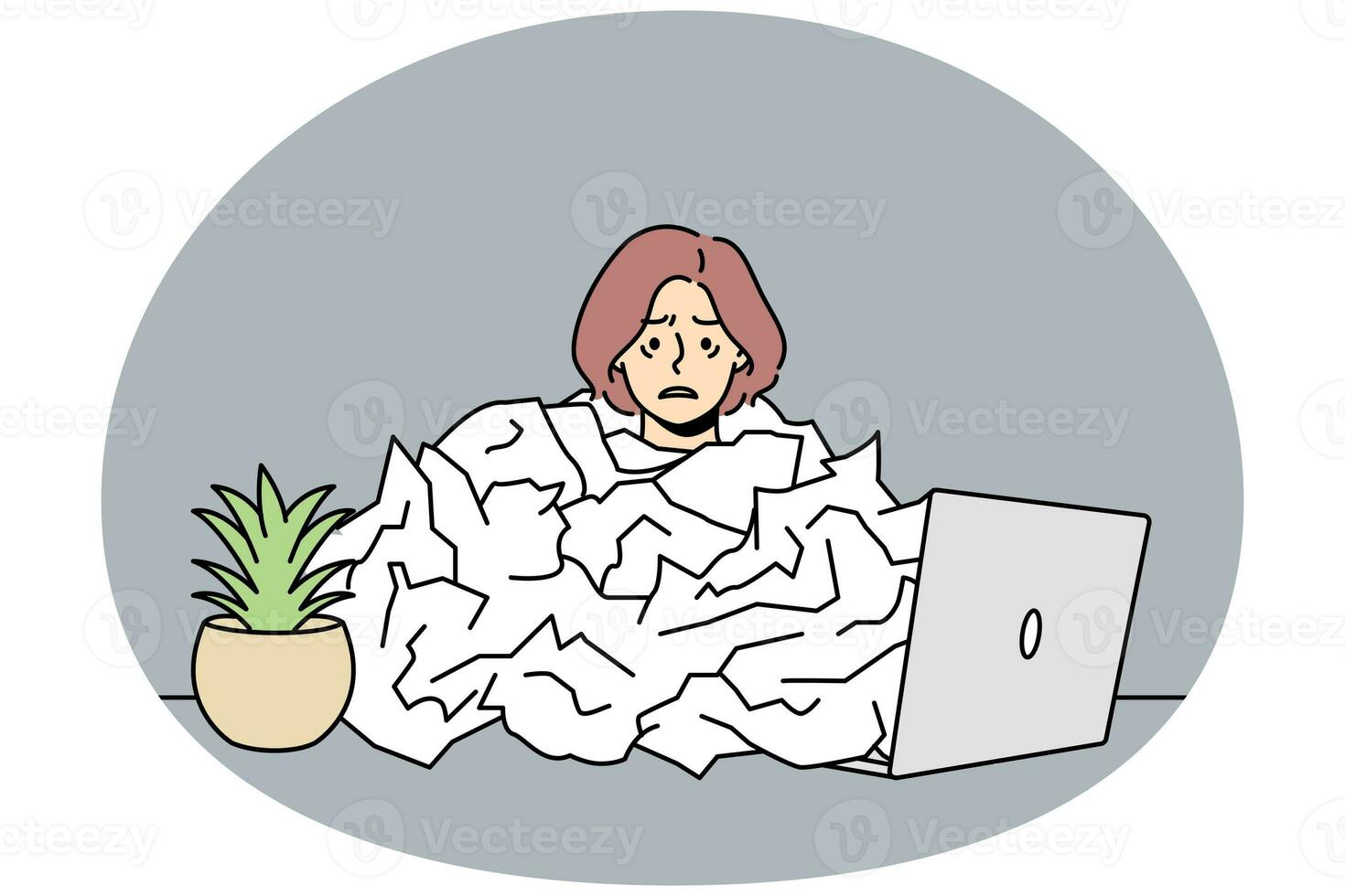 Tired female employee overwhelmed with paper work photo