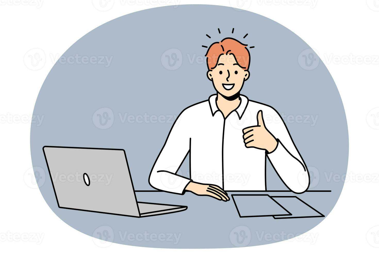 Smiling man at office desk show thumb up photo
