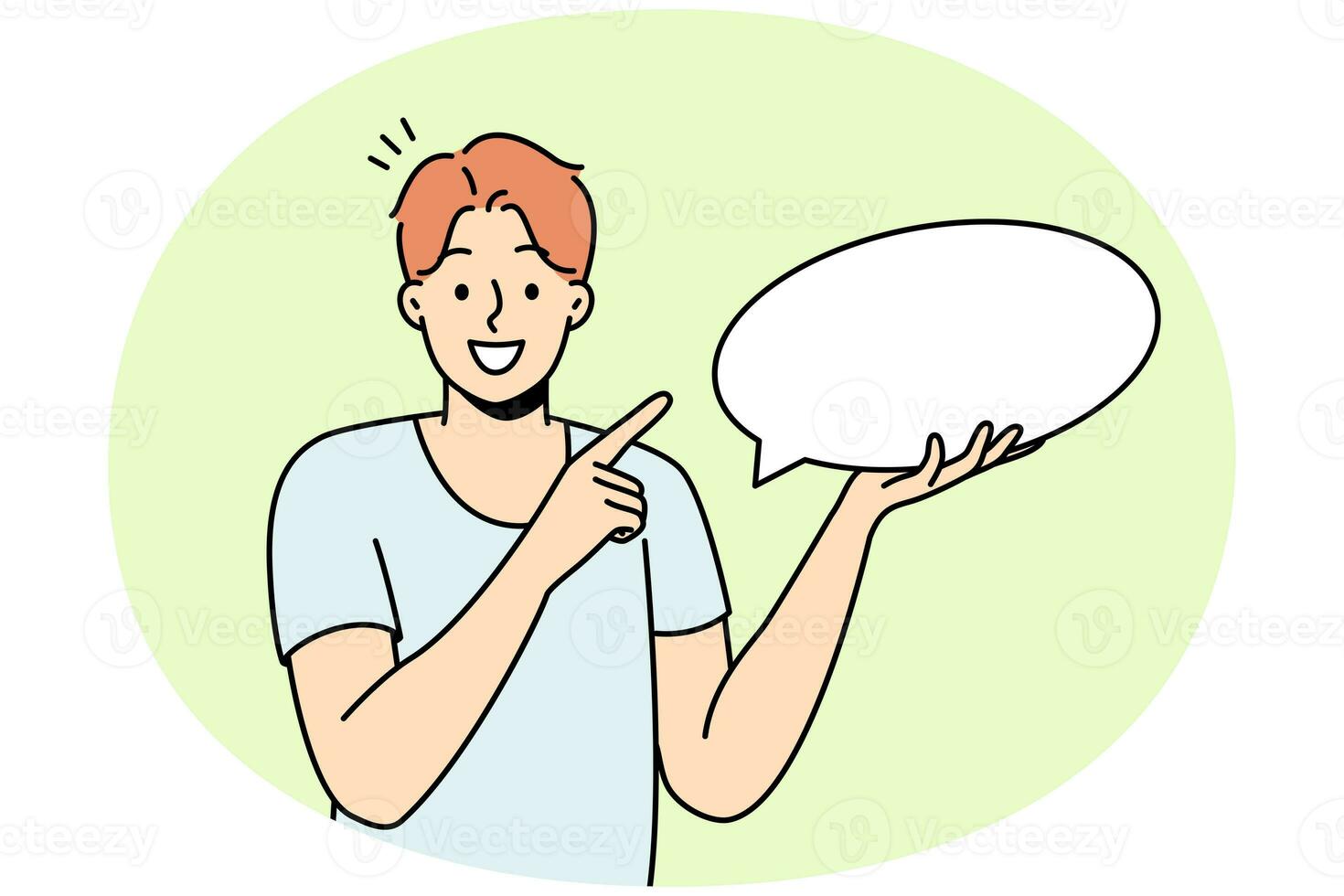 Smiling man point at mockup speech bubble photo