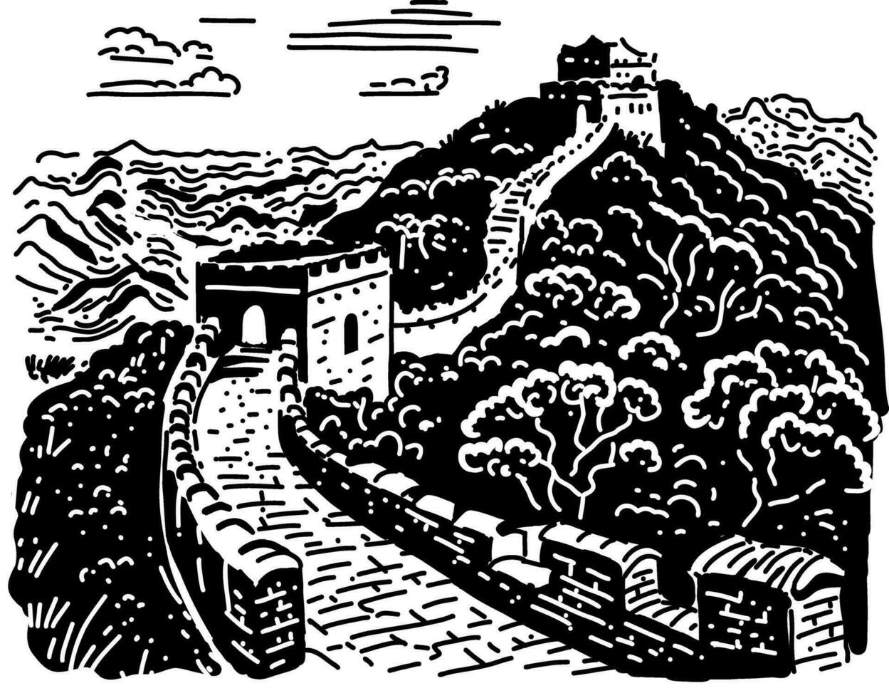 The Great Wall of China in a natural landscape. Vector illustration in engraving style.