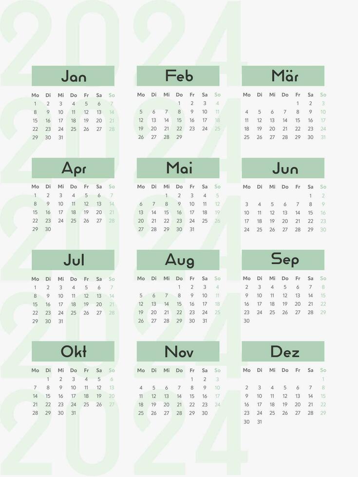 2024 calendar vector design template, simple and clean design. Calendar in German. The week starts on Monday.