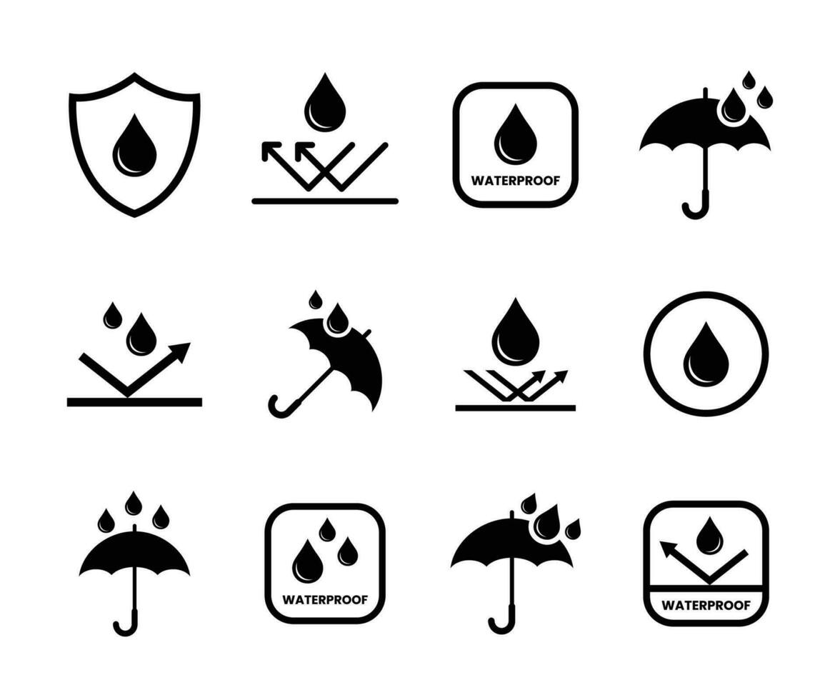 Waterproof icon set. Water resistant signs collection. Waterproof signs symbols vector