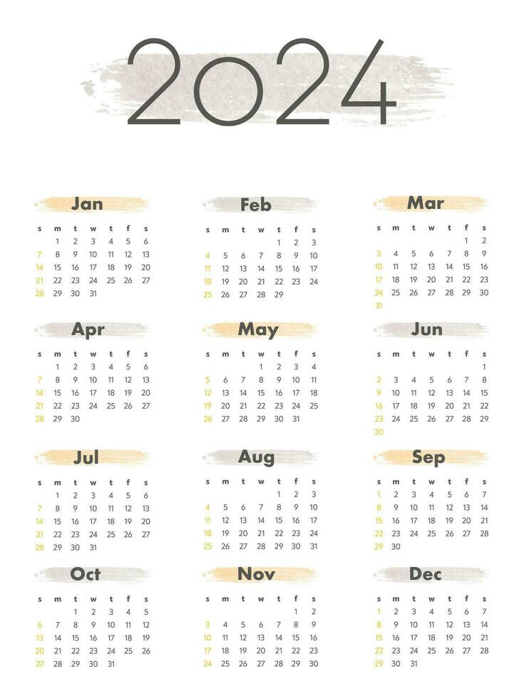 Monthly calendar for 2024. calendar. The week starts on Sunday. vector